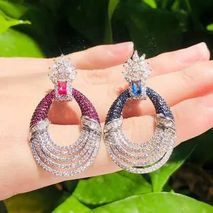 CANDICE Luxury Jewelry Setting Blue Cubic Zircon Silver Plated Statement Trendy Hollow Carved Earrings for Women Brincos