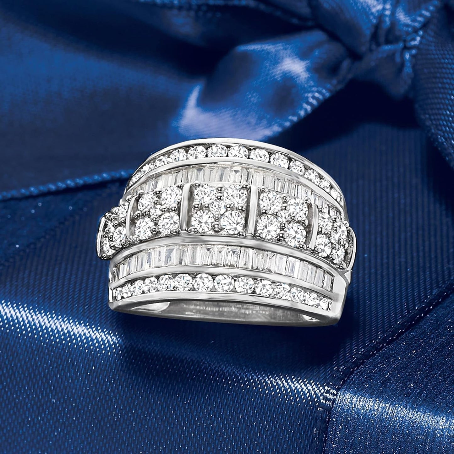 2.00 Ct. T.W. Baguette and round Diamond Multi-Row Ring in Sterling Silver