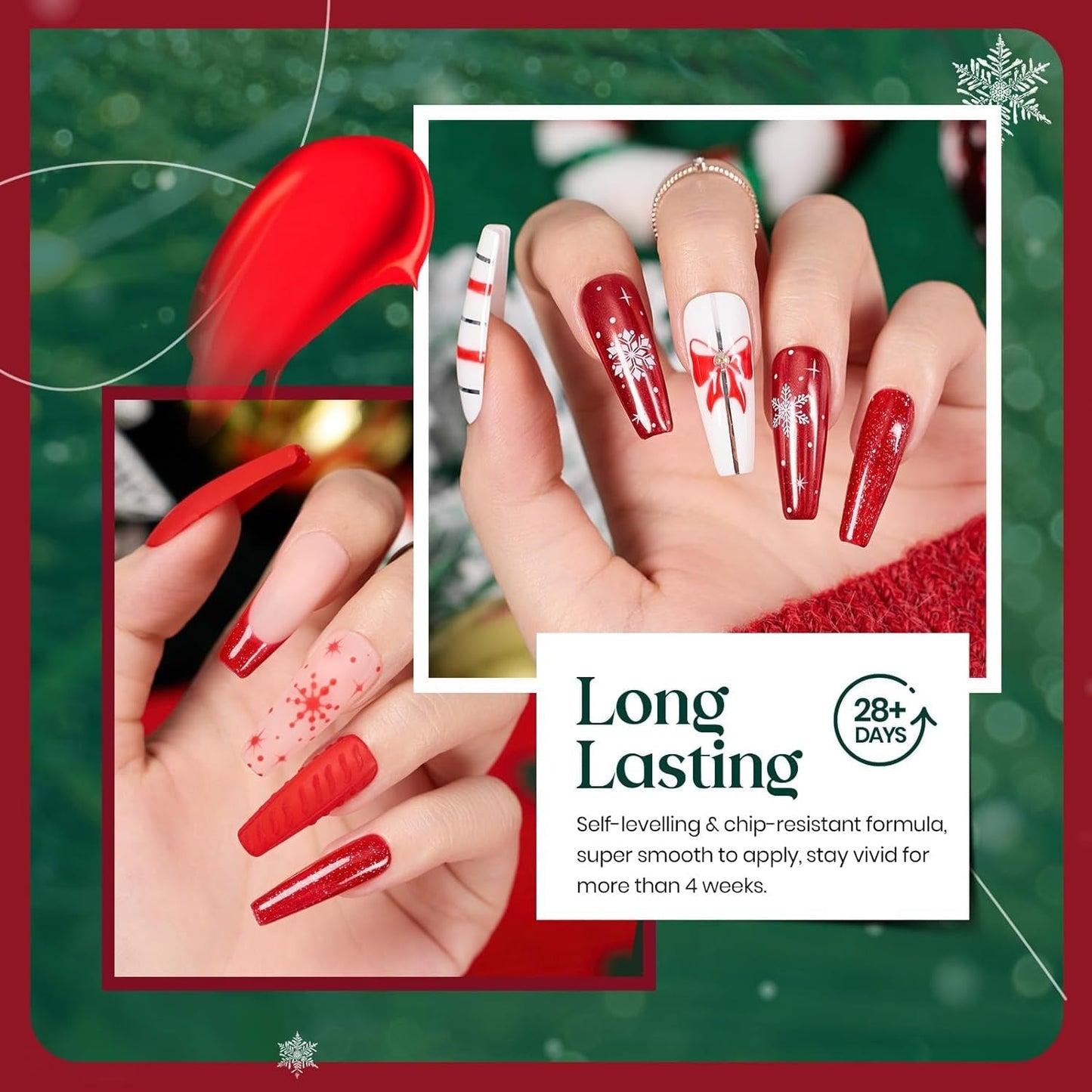 Beetles Gel Nail Polish Set, Sparkle Red Green Gel Polish Kit Soak off UV LED Gel Nail Kit Manicure Gift with Nail Strengthener Gel and Stickers Nail Art Beetles Gift Spree