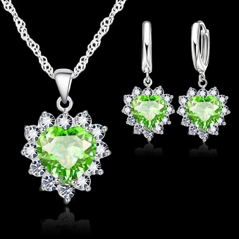 Trendy 925 Sterling Silver Jewelry Set for Women Heart CZ Stone Charm Pendants Necklaces Earrings LOVE Anniversary Gift
