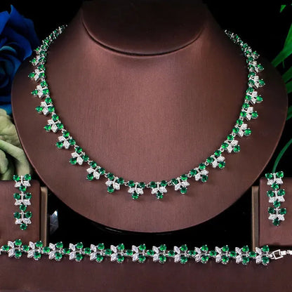 CANDICE Prom Party 3Pcs Jewelry Set Pave Blue Cubic Zircon Leaf Flower Charm Necklace Earrings and Bracelet for Ladies