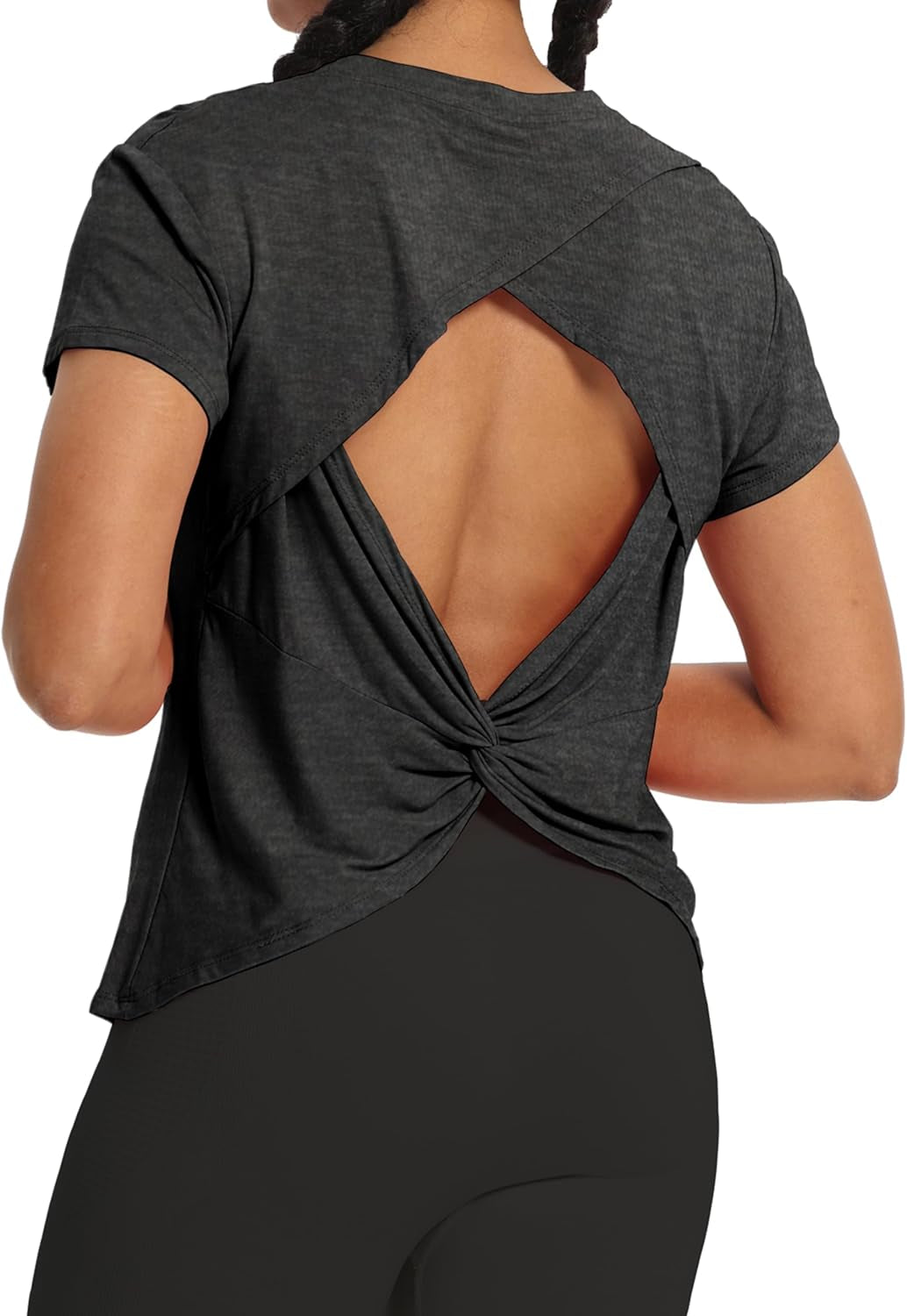 Backless Workout Athletic Shirts Short Sleeve Split Back Yoga Exercise Tops for Women