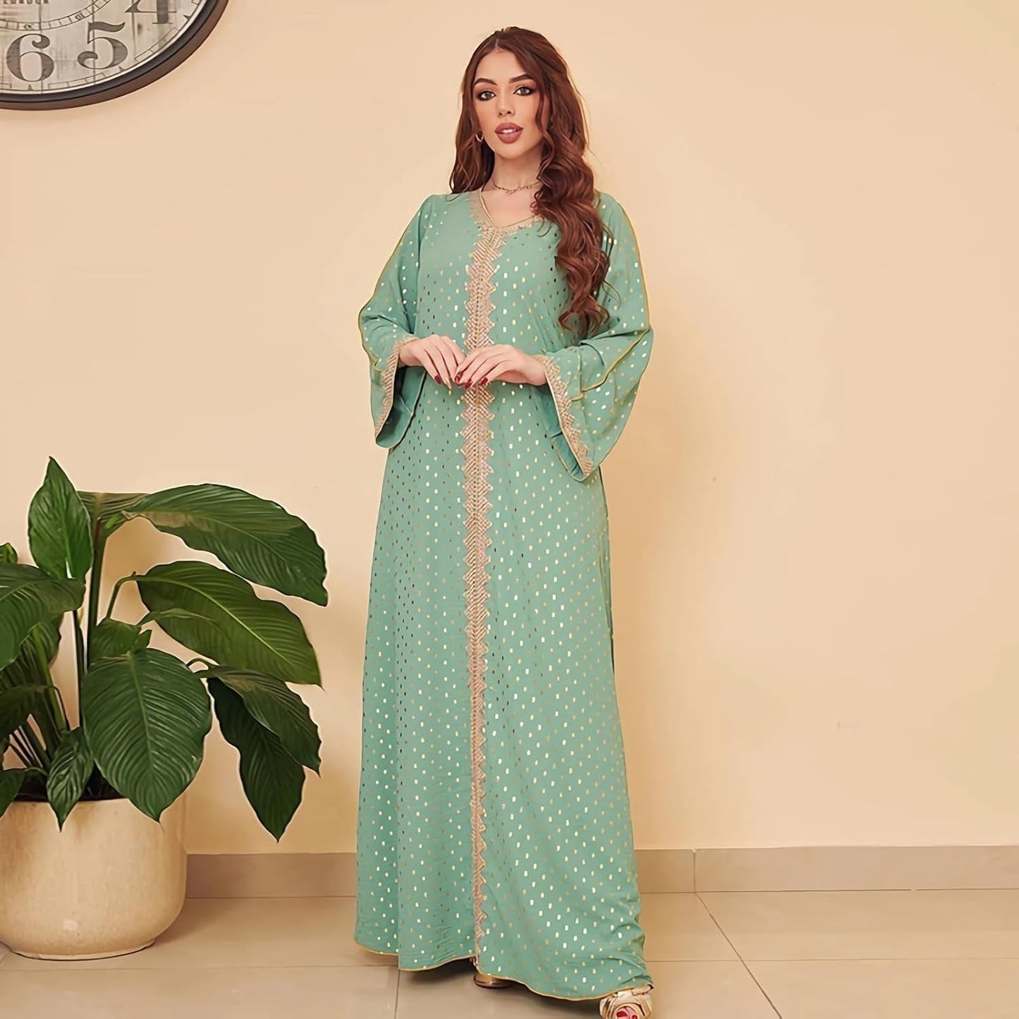 Womens Muslim Abaya Dress One-Piece V Neck Bronzing Dress Islamic Full Length Kaftan Daily Casual Dress
