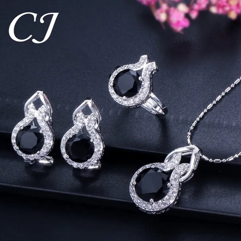 CANDICE Fashion Party Jewelry Set Sterling Silver Round Cut Blue Crystal Pendant Necklace Earrings Ring Set For Lady