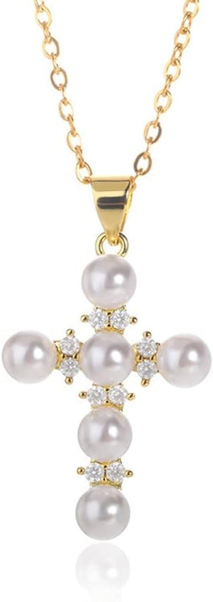 Pearl Cross Necklace Religion Faith Protection Jewelry for Women Inspirational Baptism Gifts 18K Gold Plated Chain - WORLD TIME VISITS