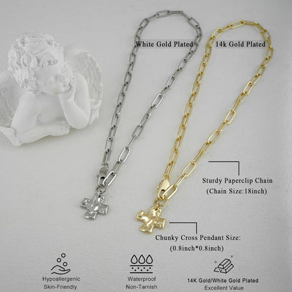 Chunky Cross Necklace for Women Trendy 14K Gold Silver Plated Statement Big Cross Pendant Paperclip Chain Charm Necklaces Religious Faith Easter Basket Stuffers Baptism Costume Jewelry Gift