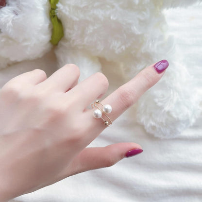 Minimalist Open Rings Adjustable Crystal Pearl Jewelry Anniversary Gifts for Her (Double Laps) (Crystal Pearls)