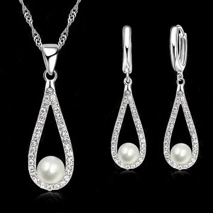 Pure 925 Sterling Silver Shiny CZ Crystal Water Drop Pearl Necklaces for Woman Fine Jewelry Wedding Earring Set Gift