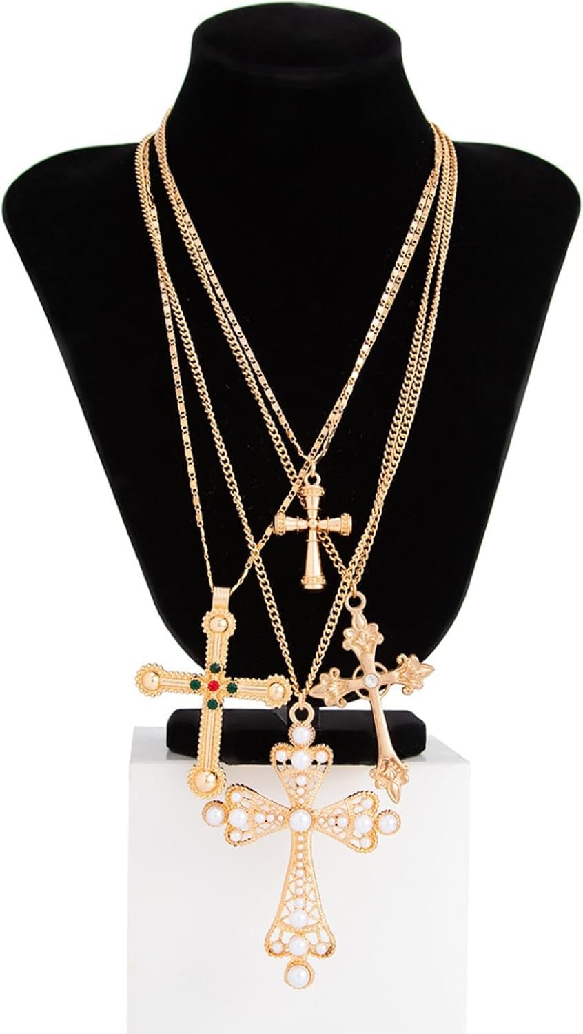 4Pcs Chunky Cross Necklace for Women Gold Statement Big Cross Pendant Necklace Pearl Cross Layered Chain Necklaces Set Punk Grunge Y2K Jewelry