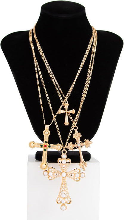 4Pcs Chunky Cross Necklace for Women Gold Statement Big Cross Pendant Necklace Pearl Cross Layered Chain Necklaces Set Punk Grunge Y2K Jewelry