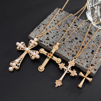 4Pcs Chunky Cross Necklace for Women Gold Statement Big Cross Pendant Necklace Pearl Cross Layered Chain Necklaces Set Punk Grunge Y2K Jewelry
