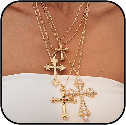 4Pcs Chunky Cross Necklace for Women Gold Statement Big Cross Pendant Necklace Pearl Cross Layered Chain Necklaces Set Punk Grunge Y2K Jewelry - WORLD TIME VISITS
