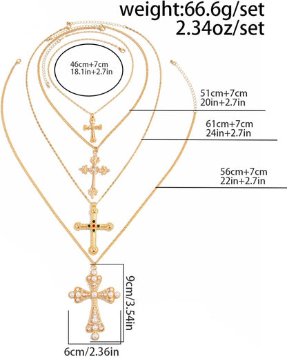 4Pcs Chunky Cross Necklace for Women Gold Statement Big Cross Pendant Necklace Pearl Cross Layered Chain Necklaces Set Punk Grunge Y2K Jewelry