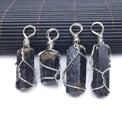 4pcs Natural Black Tourmaline Natural Stone Pendants Reiki Bead Pendant Nunatak Raw Chakra Healing Energy Stone Wire Wrapped Jewelry - WORLD TIME VISITS