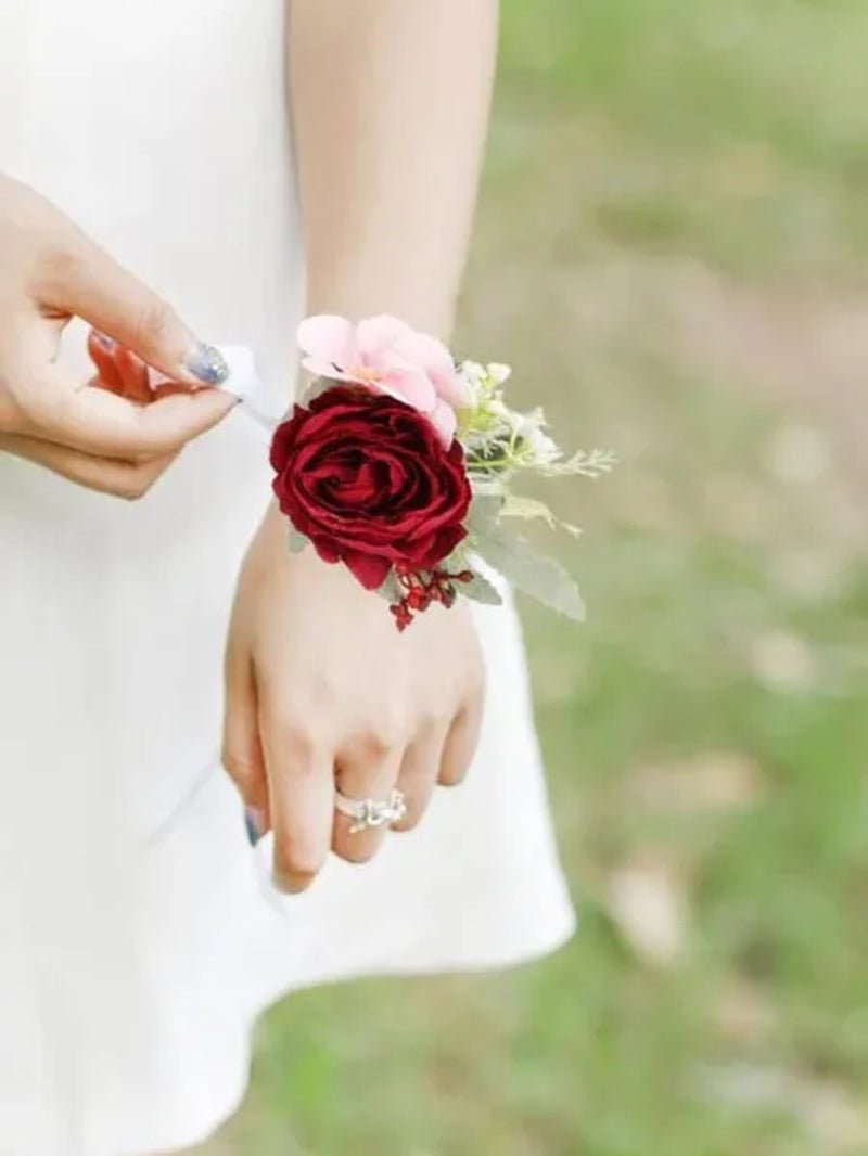 4pcs Peony Wrist Corsages Bride Wristlet Band Bracelet Men Boutonnieres Set for Wedding Flowers Mother of Bride and Groom, Party Prom Flowers