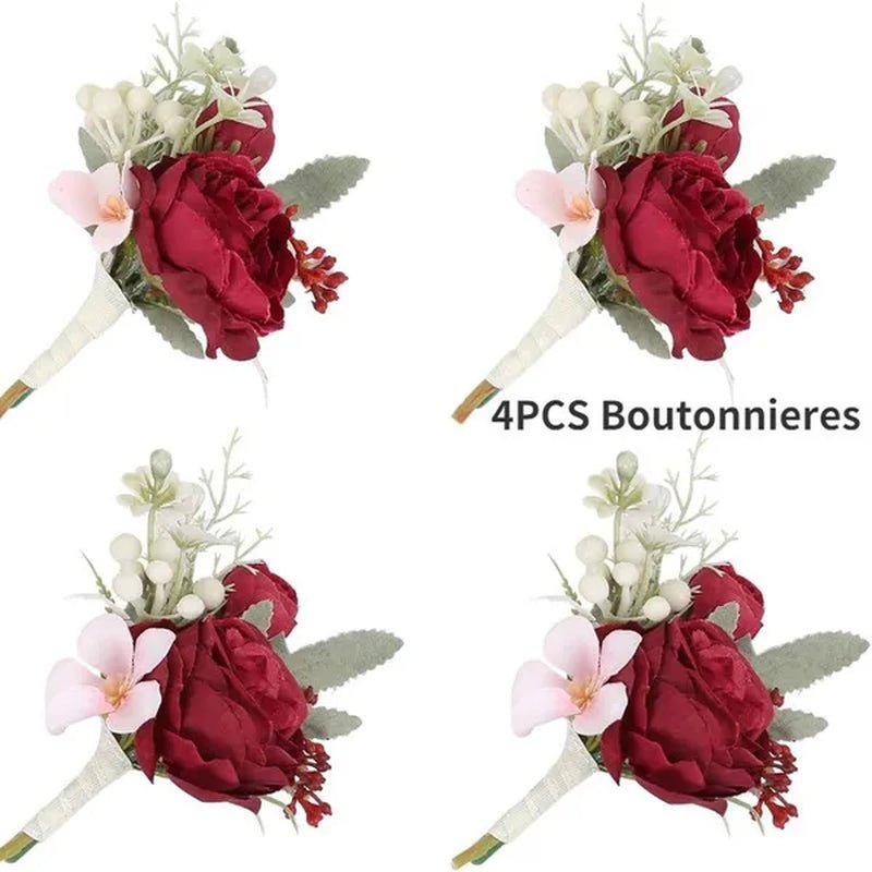 4pcs Peony Wrist Corsages Bride Wristlet Band Bracelet Men Boutonnieres Set for Wedding Flowers Mother of Bride and Groom, Party Prom Flowers - WORLD TIME VISITS