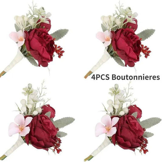 4pcs Peony Wrist Corsages Bride Wristlet Band Bracelet Men Boutonnieres Set for Wedding Flowers Mother of Bride and Groom, Party Prom Flowers - WORLD TIME VISITS