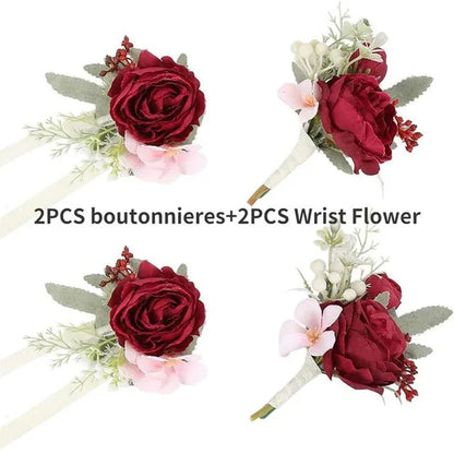 4pcs Peony Wrist Corsages Bride Wristlet Band Bracelet Men Boutonnieres Set for Wedding Flowers Mother of Bride and Groom, Party Prom Flowers