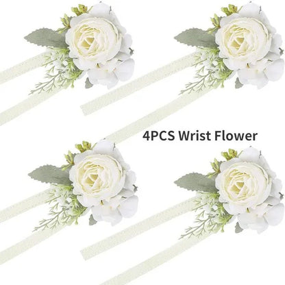4pcs Peony Wrist Corsages Bride Wristlet Band Bracelet Men Boutonnieres Set for Wedding Flowers Mother of Bride and Groom, Party Prom Flowers