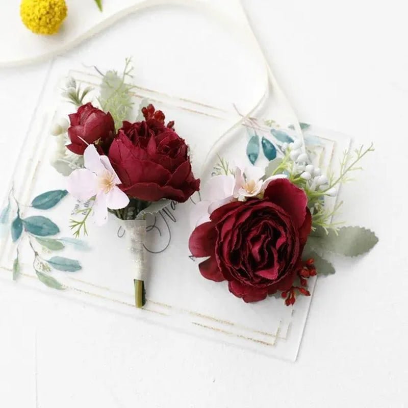 4pcs Peony Wrist Corsages Bride Wristlet Band Bracelet Men Boutonnieres Set for Wedding Flowers Mother of Bride and Groom, Party Prom Flowers - WORLD TIME VISITS