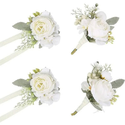 4pcs Peony Wrist Corsages Bride Wristlet Band Bracelet Men Boutonnieres Set for Wedding Flowers Mother of Bride and Groom, Party Prom Flowers - WORLD TIME VISITS