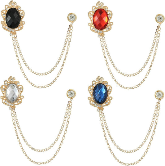 4PCS Rhinestone Vintage Brooch Lapel Pin Chain Suit Tassel Collar Hanging Chains for Shirts Badge Tuxedo Accessories Scarf Tie Pins for Women Men Birthday Gift - WORLD TIME VISITS