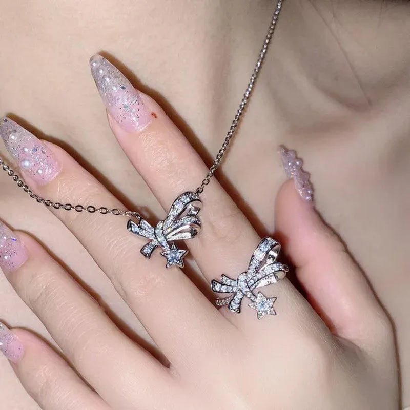 4pcs/Set High Quality S925 Stamp Sterling Silver Post Bow With Star Pentagram Micro Inlaid  Sparkling Cubic Zirconia Jewelry Set Earrings Pendant Necklace Open End Ring for Women Lovely Girl Birthday Party Anniversary Gift