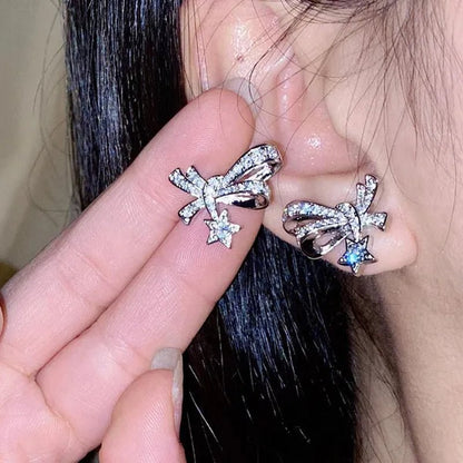 4pcs/Set High Quality S925 Stamp Sterling Silver Post Bow With Star Pentagram Micro Inlaid  Sparkling Cubic Zirconia Jewelry Set Earrings Pendant Necklace Open End Ring for Women Lovely Girl Birthday Party Anniversary Gift