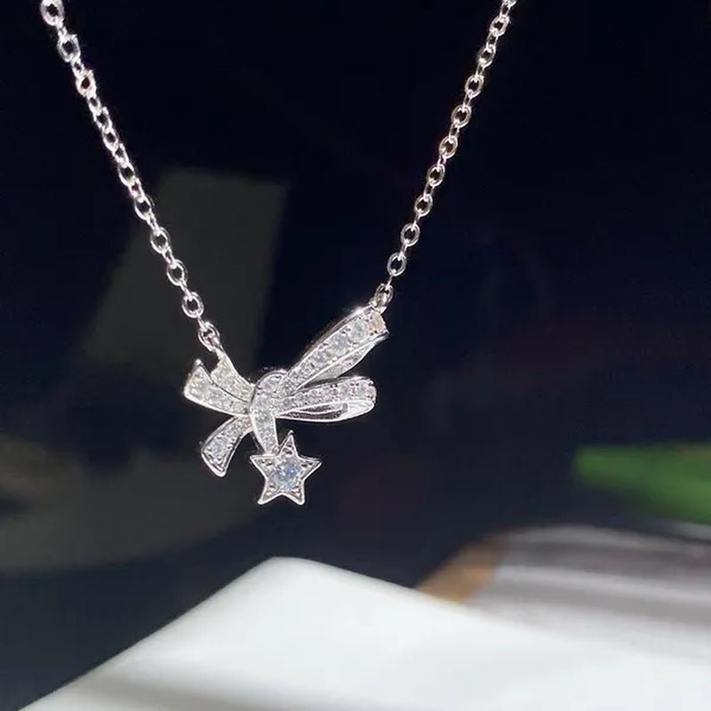 4pcs/Set High Quality S925 Stamp Sterling Silver Post Bow With Star Pentagram Micro Inlaid  Sparkling Cubic Zirconia Jewelry Set Earrings Pendant Necklace Open End Ring for Women Lovely Girl Birthday Party Anniversary Gift