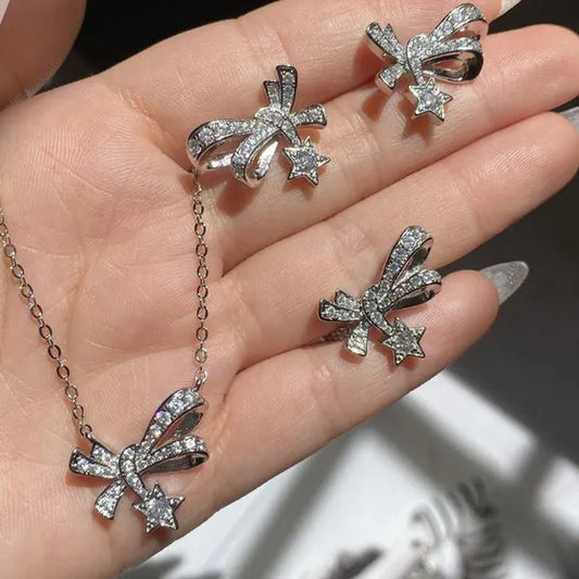 4pcs/Set High Quality S925 Stamp Sterling Silver Post Bow With Star Pentagram Micro Inlaid Sparkling Cubic Zirconia Jewelry Set Earrings Pendant Necklace Open End Ring for Women Lovely Girl Birthday Party Anniversary Gift - WORLD TIME VISITS