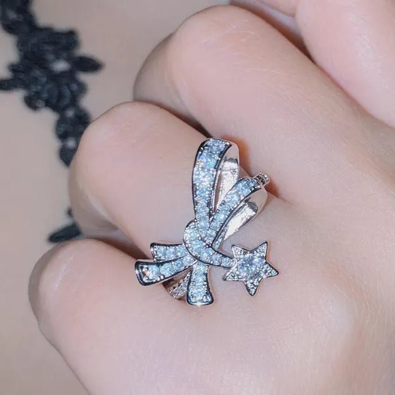 4pcs/Set High Quality S925 Stamp Sterling Silver Post Bow With Star Pentagram Micro Inlaid  Sparkling Cubic Zirconia Jewelry Set Earrings Pendant Necklace Open End Ring for Women Lovely Girl Birthday Party Anniversary Gift