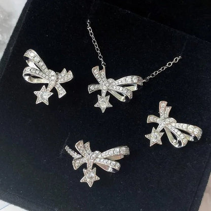 4pcs/Set High Quality S925 Stamp Sterling Silver Post Bow With Star Pentagram Micro Inlaid Sparkling Cubic Zirconia Jewelry Set Earrings Pendant Necklace Open End Ring for Women Lovely Girl Birthday Party Anniversary Gift - WORLD TIME VISITS