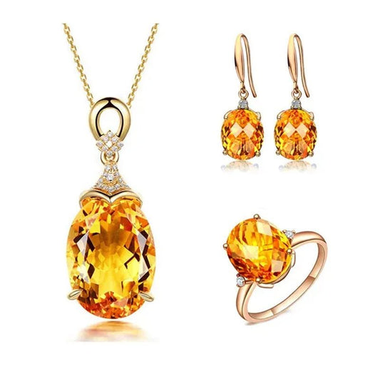 4Pcs/Set Luxury Yellow Crystal Water Droplets Pendant Necklace Gemstone Dangle Hook Earrings Citrine Claw Setting Open Adjustable Ring for Women Gifs Jewelry Set Accessories - WORLD TIME VISITS