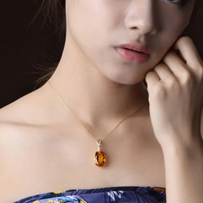 4Pcs/Set Luxury Yellow Crystal Water Droplets Pendant Necklace Gemstone Dangle Hook Earrings Citrine Claw Setting Open Adjustable Ring for Women Gifs Jewelry Set Accessories