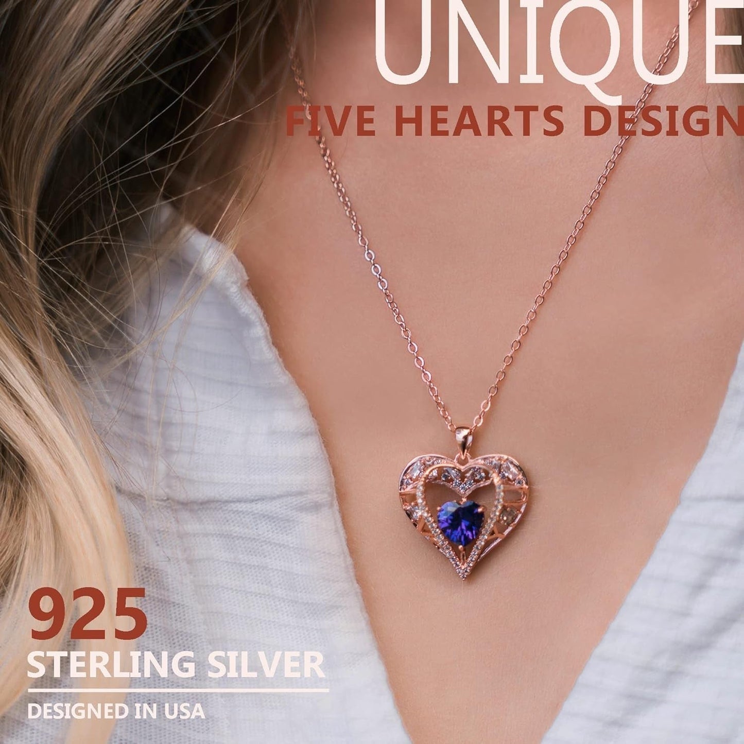 5 Heart Crystal Necklace 18K Rose Gold Plated - Pendant with 18”+2” 925 Sterling Silver Chain - Birthstone Jewelry for Women and Girls - Gift for Birthday, Christmas - WORLD TIME VISITS