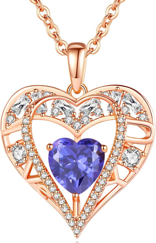 5 Heart Crystal Necklace 18K Rose Gold Plated - Pendant with 18”+2” 925 Sterling Silver Chain - Birthstone Jewelry for Women and Girls - Gift for Birthday, Christmas - WORLD TIME VISITS