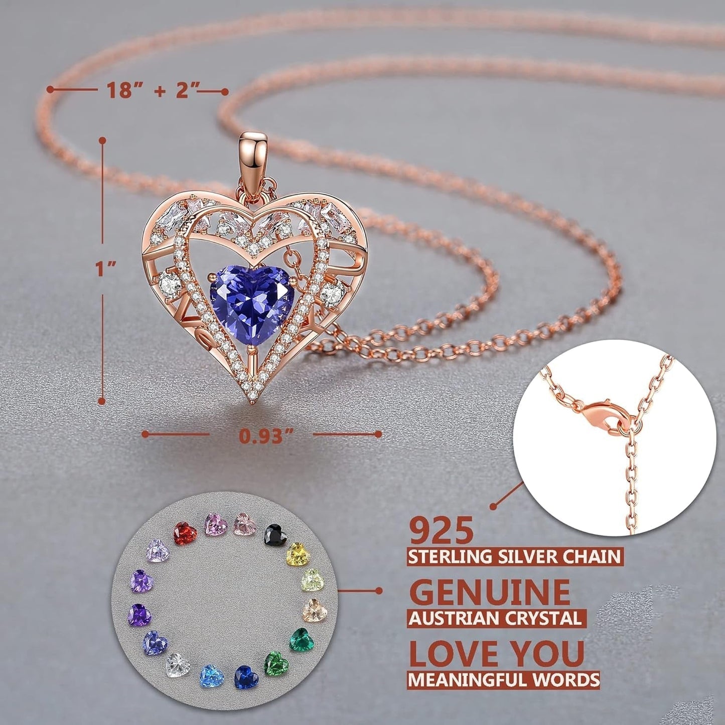 5 Heart Crystal Necklace 18K Rose Gold Plated - Pendant with 18”+2” 925 Sterling Silver Chain - Birthstone Jewelry for Women and Girls - Gift for Birthday, Christmas