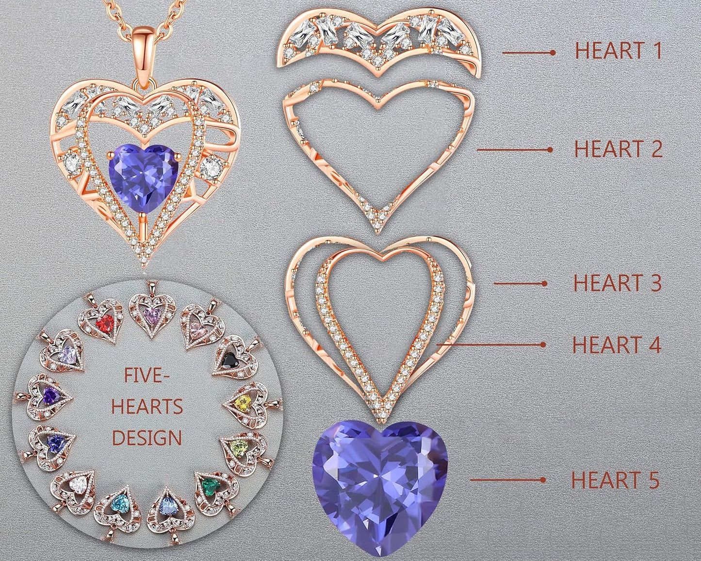 5 Heart Crystal Necklace 18K Rose Gold Plated - Pendant with 18”+2” 925 Sterling Silver Chain - Birthstone Jewelry for Women and Girls - Gift for Birthday, Christmas