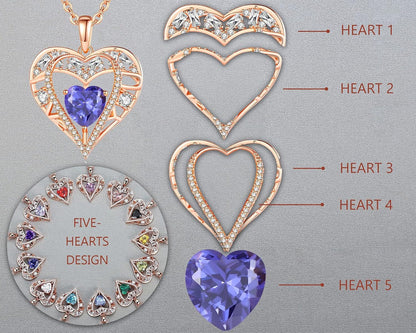 5 Heart Crystal Necklace 18K Rose Gold Plated - Pendant with 18”+2” 925 Sterling Silver Chain - Birthstone Jewelry for Women and Girls - Gift for Birthday, Christmas
