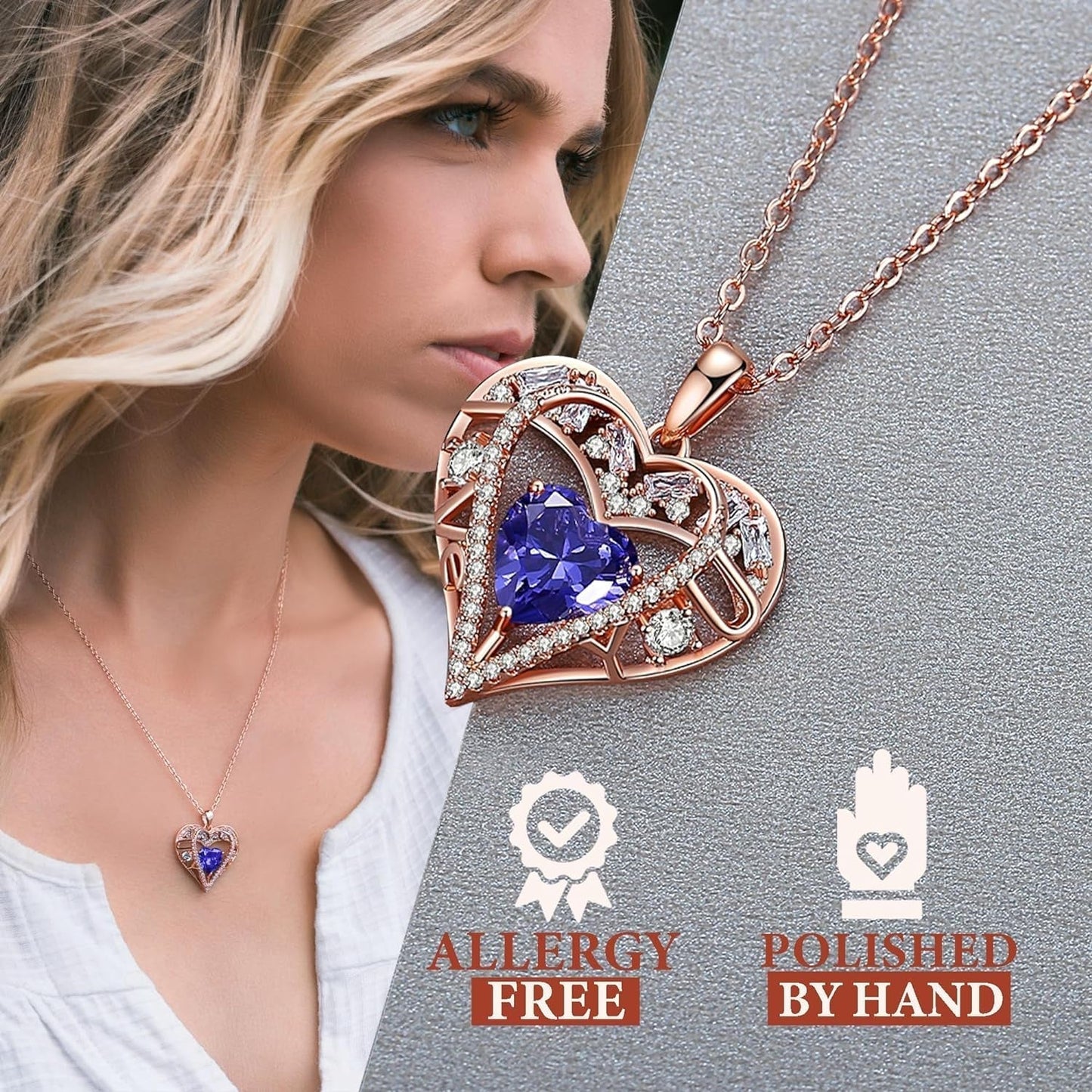 5 Heart Crystal Necklace 18K Rose Gold Plated - Pendant with 18”+2” 925 Sterling Silver Chain - Birthstone Jewelry for Women and Girls - Gift for Birthday, Christmas