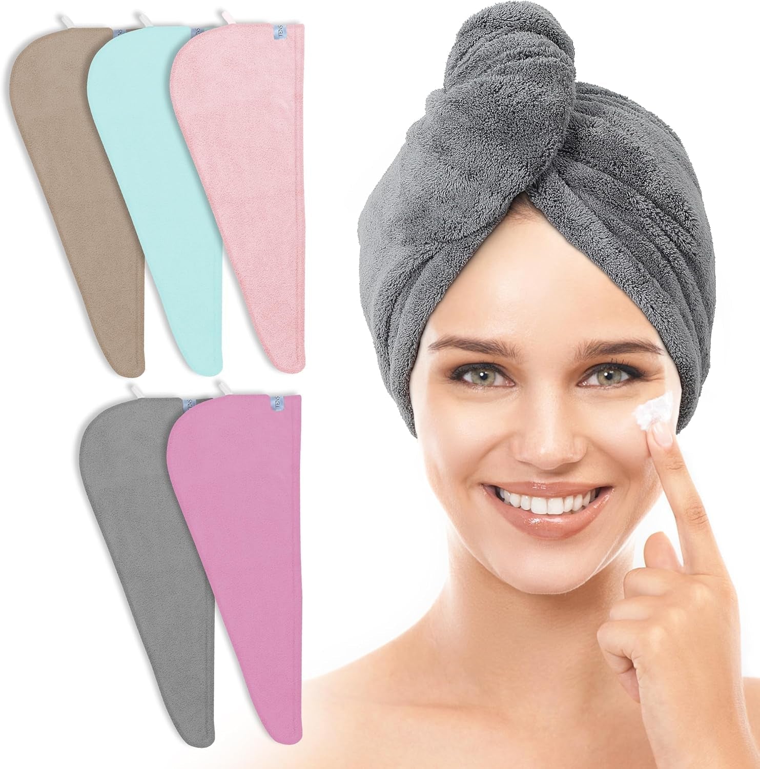 5 Pack Thicken Microfiber Hair Towel Wrap for Women - Elastic Loop Design - 320GSM Coral Velvet - Quick Dry Hair Turban - 11X28 Inch (Grey+Pink+Brown+Frozenblue+Frozenberry) - WORLD TIME VISITS