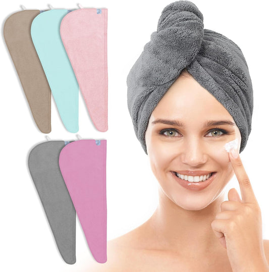 5 Pack Thicken Microfiber Hair Towel Wrap for Women - Elastic Loop Design - 320GSM Coral Velvet - Quick Dry Hair Turban - 11X28 Inch (Grey+Pink+Brown+Frozenblue+Frozenberry) - WORLD TIME VISITS