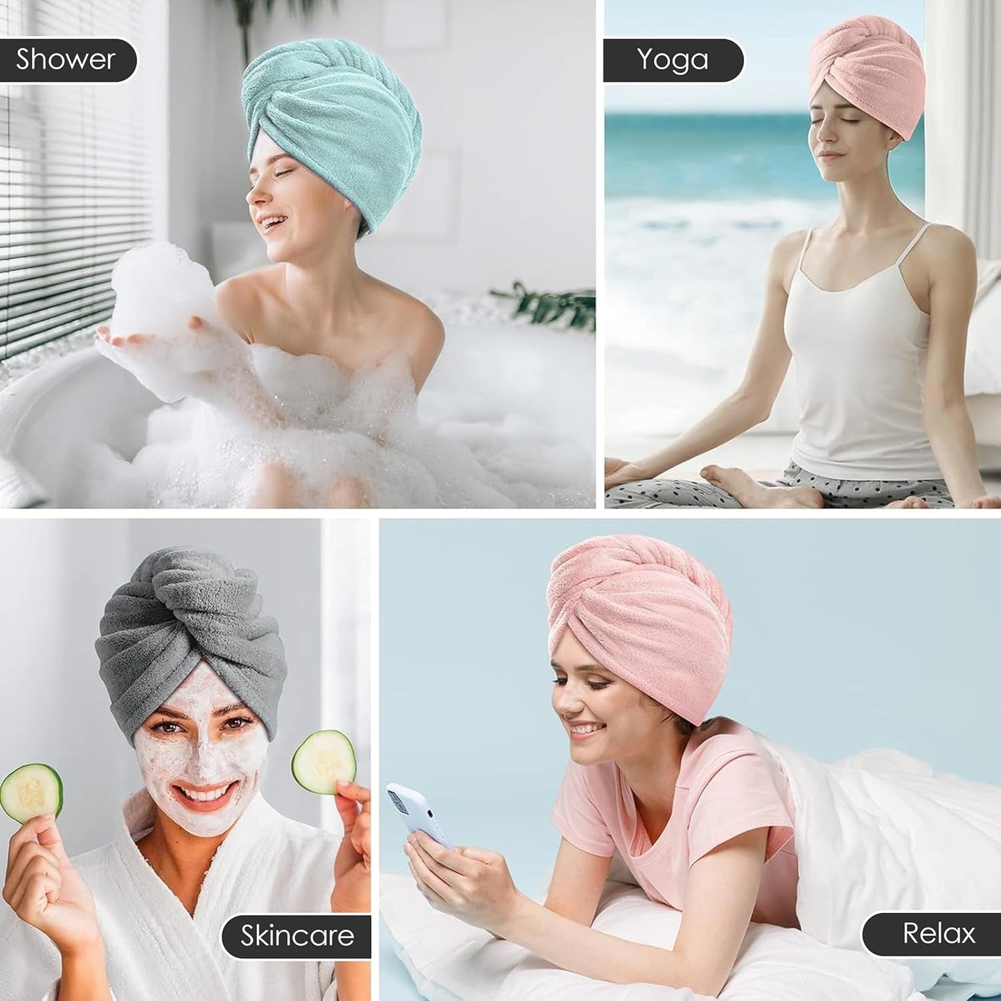 5 Pack Thicken Microfiber Hair Towel Wrap for Women - Elastic Loop Design - 320GSM Coral Velvet - Quick Dry Hair Turban - 11X28 Inch (Grey+Pink+Brown+Frozenblue+Frozenberry)