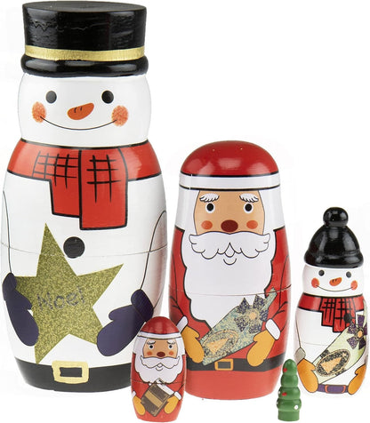 5 Pcs Handmade Wooden Russian Matryoshka Nesting Dolls Set, Traditional Christmas Home Decoration, Snowman - WORLD TIME VISITS