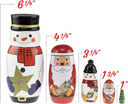 5 Pcs Handmade Wooden Russian Matryoshka Nesting Dolls Set, Traditional Christmas Home Decoration, Snowman - WORLD TIME VISITS