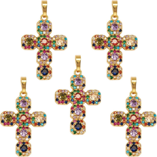 5 Pieces Cross Cubic Zirconia Charm Pendants Brass Cross Charm Real 16K Gold Plated for Jewelry Necklace Bracelet Making Crafts - WORLD TIME VISITS