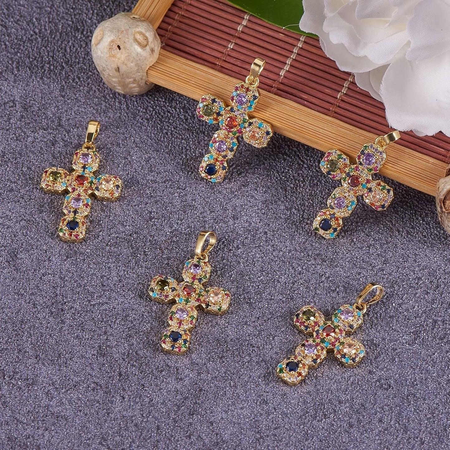5 Pieces Cross Cubic Zirconia Charm Pendants Brass Cross Charm Real 16K Gold Plated for Jewelry Necklace Bracelet Making Crafts