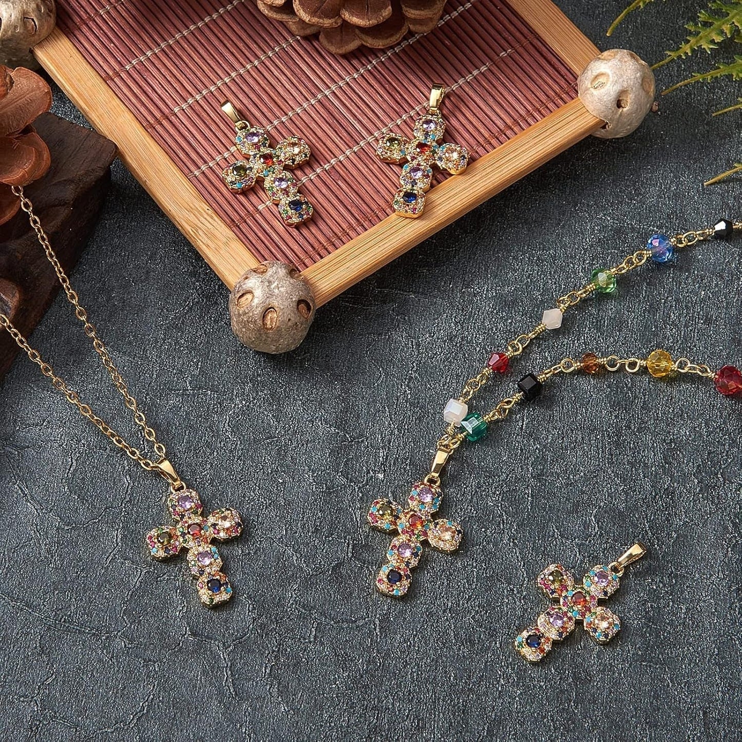 5 Pieces Cross Cubic Zirconia Charm Pendants Brass Cross Charm Real 16K Gold Plated for Jewelry Necklace Bracelet Making Crafts