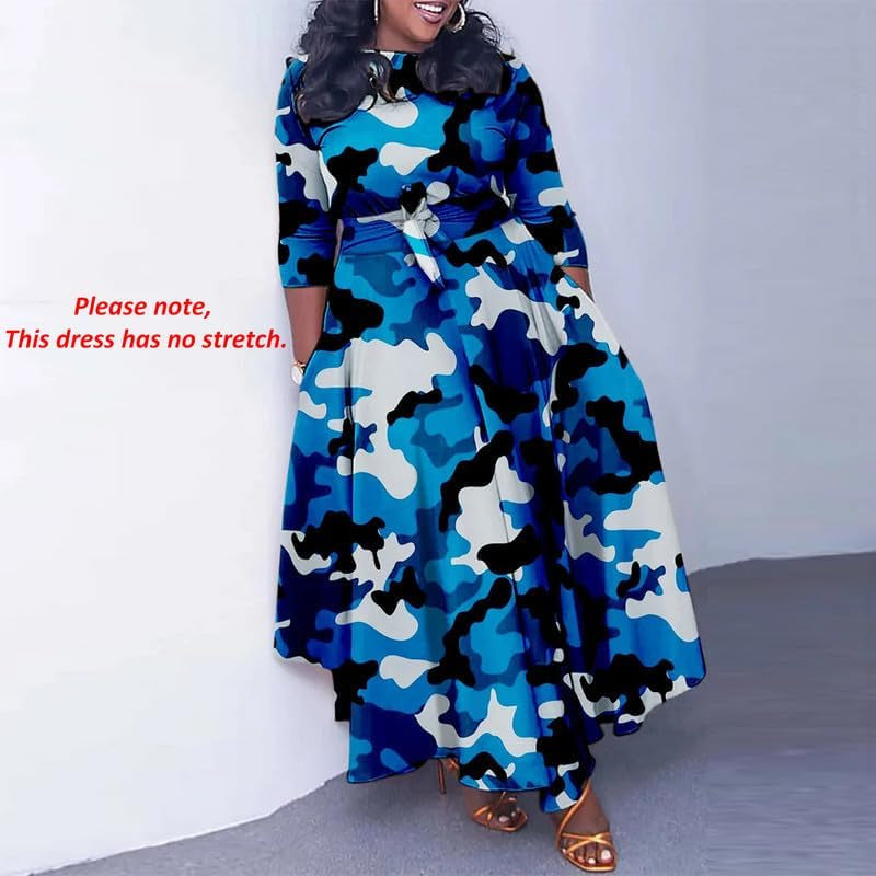 Women'S Long Sleeve V Neck Long Maxi Dress Loose African Floral Print a Line Skirt Dresses plus Size with Belt