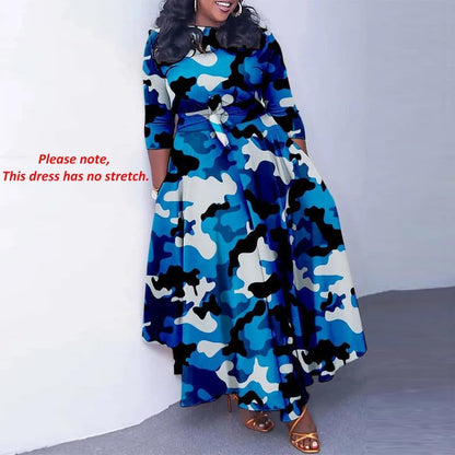 Women'S Long Sleeve V Neck Long Maxi Dress Loose African Floral Print a Line Skirt Dresses plus Size with Belt